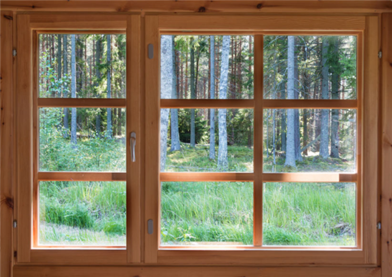 wood window with multiple lites at a cabin